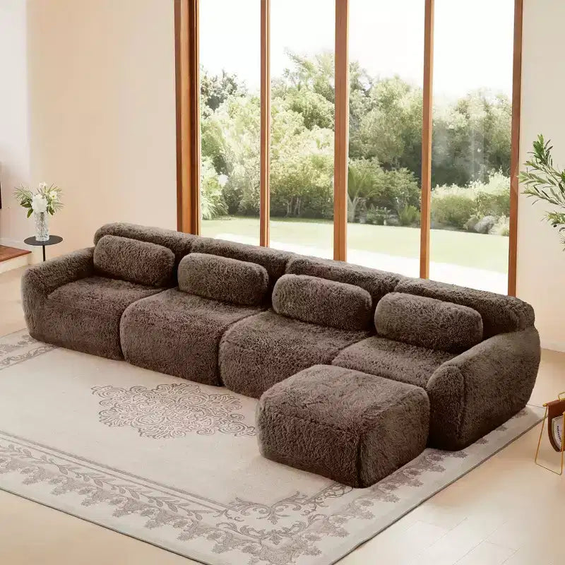 149 inch Light Khaki L-shaped Plush Fabric Sectional Sofa Couches with Throw Pillows and Ottoman ( Buckle Connection)