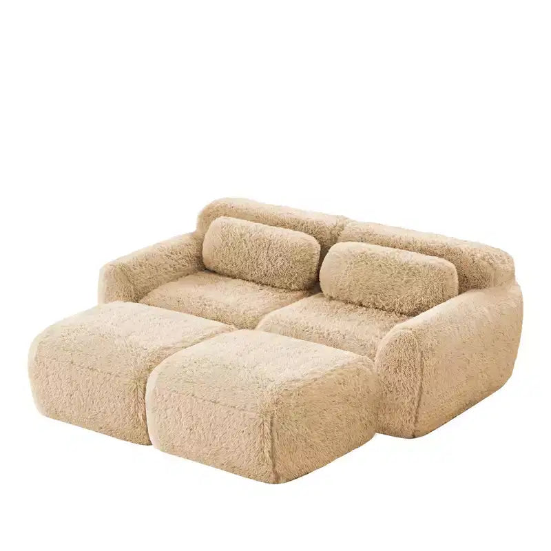80.3 inch Light Khaki Plush Fabric Sectional Sofa with Throw Pillows and 2 Ottomans 32D High Density Sponge