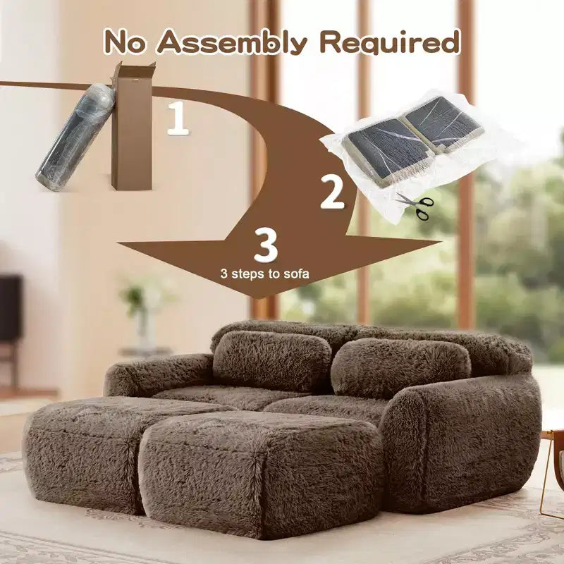 80.3 inch Light Khaki Plush Fabric Sectional Sofa with Throw Pillows and 2 Ottomans 32D High Density Sponge