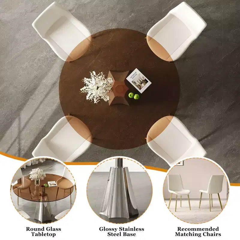 GDFStudio Lenhart Mid-Century 5 Piece Round Dining Set with 35 Glass Table and 4 Ergonomic Chairs