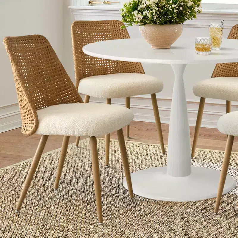 Small Round 5 Piece Dining Table Set for 4, 35 Round Pedestal Table with 4 Boucle Dining Chairs Double Layer Rattan Back. Dining Room-Panipeachy
