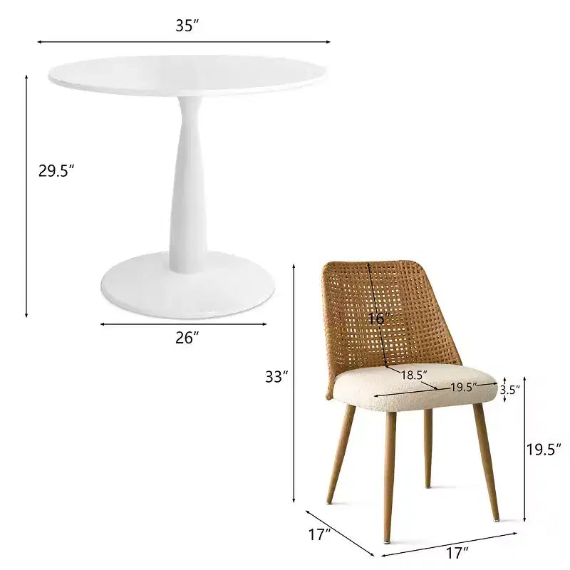 Small Round 5 Piece Dining Table Set for 4, 35 Round Pedestal Table with 4 Boucle Dining Chairs Double Layer Rattan Back. Dining Room-Panipeachy