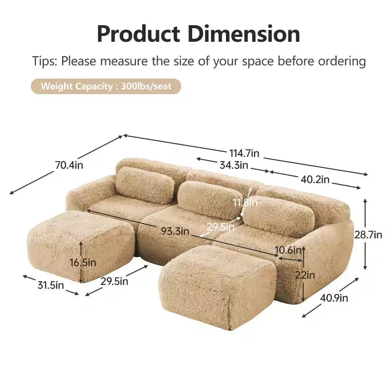 Modular Sectional Sofa with 2 Ottomans, Deep Seat Sectional Sleeper Sofa, Modern Small Sectional for Living Room & Bedroom-Panipeachy