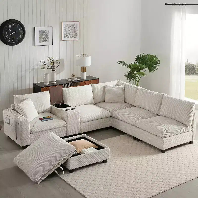 GDFStudio Logan Modern 140 Corduroy U-Shaped Modular Sectional Sofa with Movable Storage Ottoman, Console and USB Charging