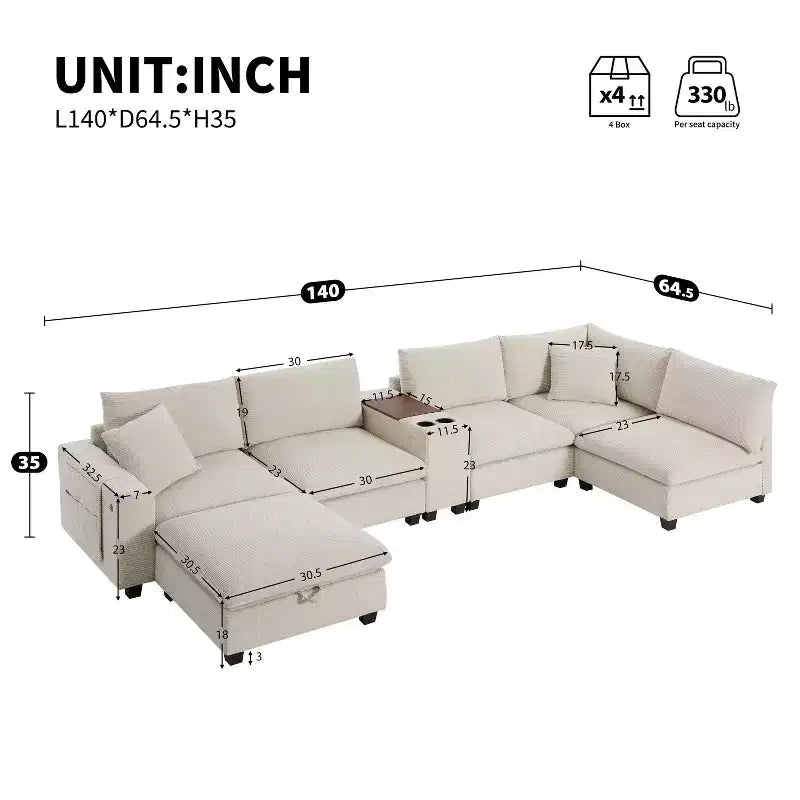 GDFStudio Logan Modern 140 Corduroy U-Shaped Modular Sectional Sofa with Movable Storage Ottoman, Console and USB Charging