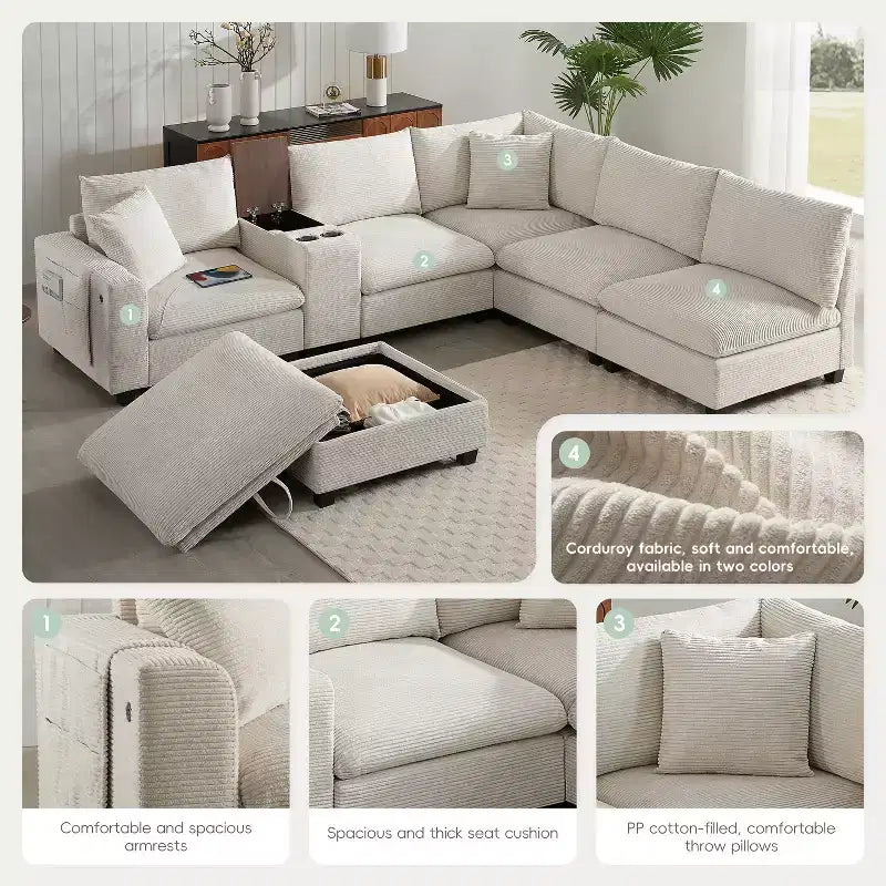 GDFStudio Logan Modern 140 Corduroy U-Shaped Modular Sectional Sofa with Movable Storage Ottoman, Console and USB Charging
