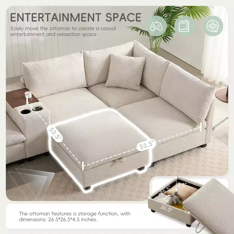 GDFStudio Logan Modern 140 Corduroy U-Shaped Modular Sectional Sofa with Movable Storage Ottoman, Console and USB Charging