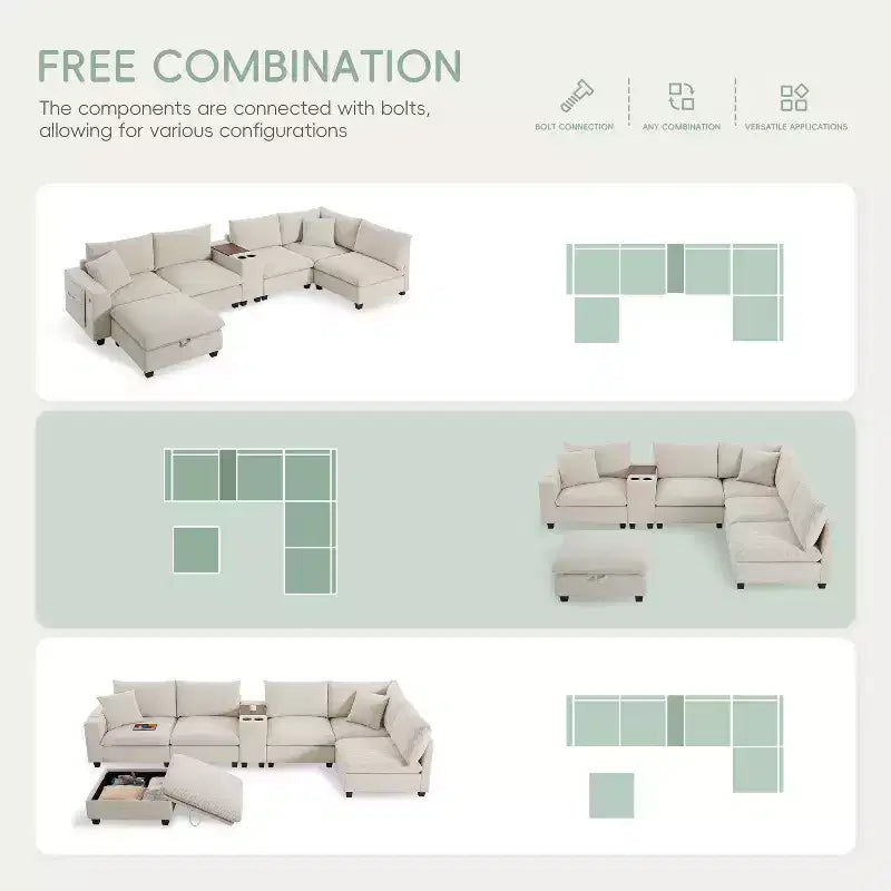 GDFStudio Logan Modern 140 Corduroy U-Shaped Modular Sectional Sofa with Movable Storage Ottoman, Console and USB Charging