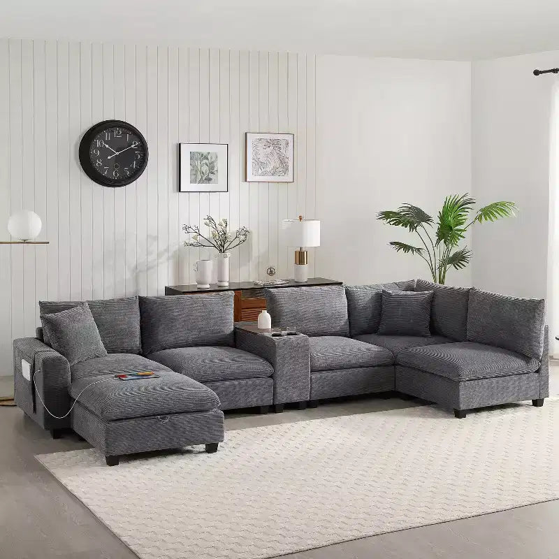 GDFStudio Logan Modern 140 Corduroy U-Shaped Modular Sectional Sofa with Movable Storage Ottoman, Console and USB Charging