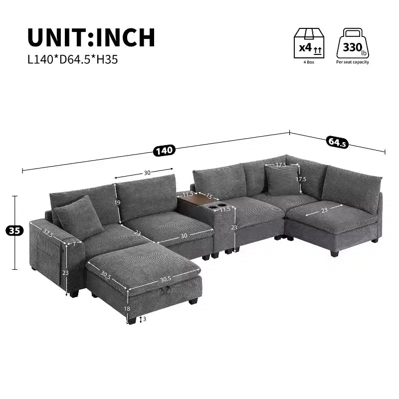GDFStudio Logan Modern 140 Corduroy U-Shaped Modular Sectional Sofa with Movable Storage Ottoman, Console and USB Charging