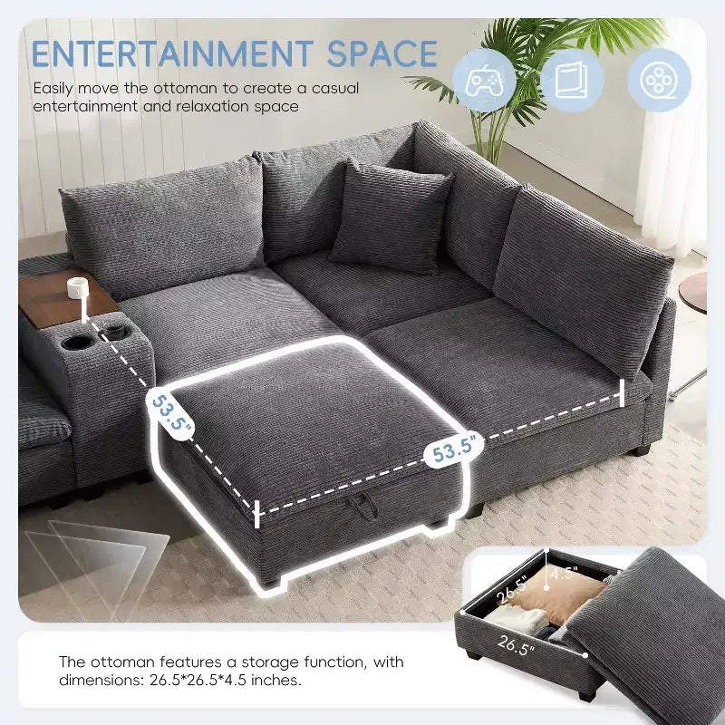GDFStudio Logan Modern 140 Corduroy U-Shaped Modular Sectional Sofa with Movable Storage Ottoman, Console and USB Charging