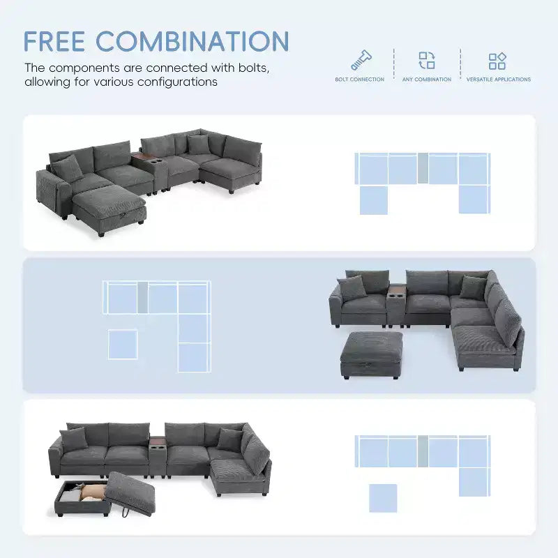 GDFStudio Logan Modern 140 Corduroy U-Shaped Modular Sectional Sofa with Movable Storage Ottoman, Console and USB Charging