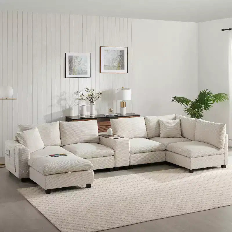 GDFStudio Logan Modern 140 Corduroy U-Shaped Modular Sectional Sofa with Movable Storage Ottoman, Console and USB Charging