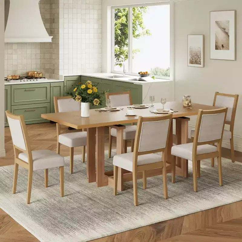 GDFStudio Elba 82 7 Piece Rubberwood Upholstered Dining Set with Trestle Extendable Table