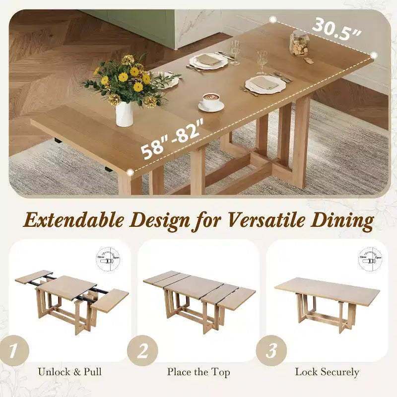 GDFStudio Elba 82 7 Piece Rubberwood Upholstered Dining Set with Trestle Extendable Table
