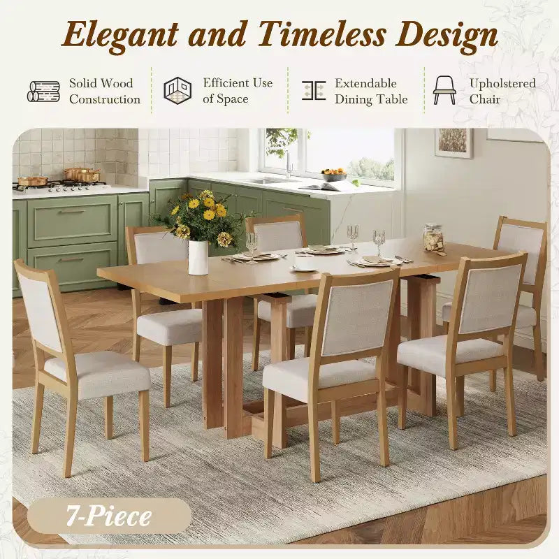 GDFStudio Elba 82 7 Piece Rubberwood Upholstered Dining Set with Trestle Extendable Table