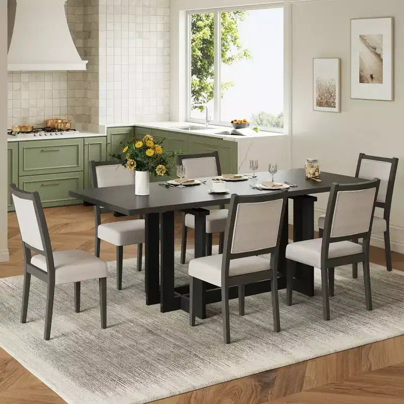 GDFStudio Elba 82 7 Piece Rubberwood Upholstered Dining Set with Trestle Extendable Table