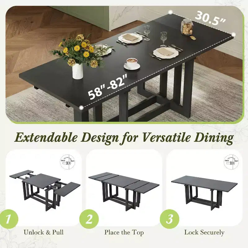 GDFStudio Elba 82 7 Piece Rubberwood Upholstered Dining Set with Trestle Extendable Table