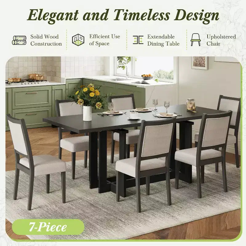 GDFStudio Elba 82 7 Piece Rubberwood Upholstered Dining Set with Trestle Extendable Table