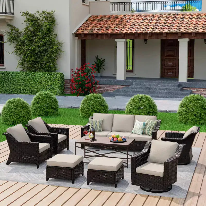 UPTIOT 8-Piece Premium Outdoor Set: 3-Seat Sofa, 2 Single Chairs, 2 Swivel Chairs, 2 Ottomans & Coffee Table