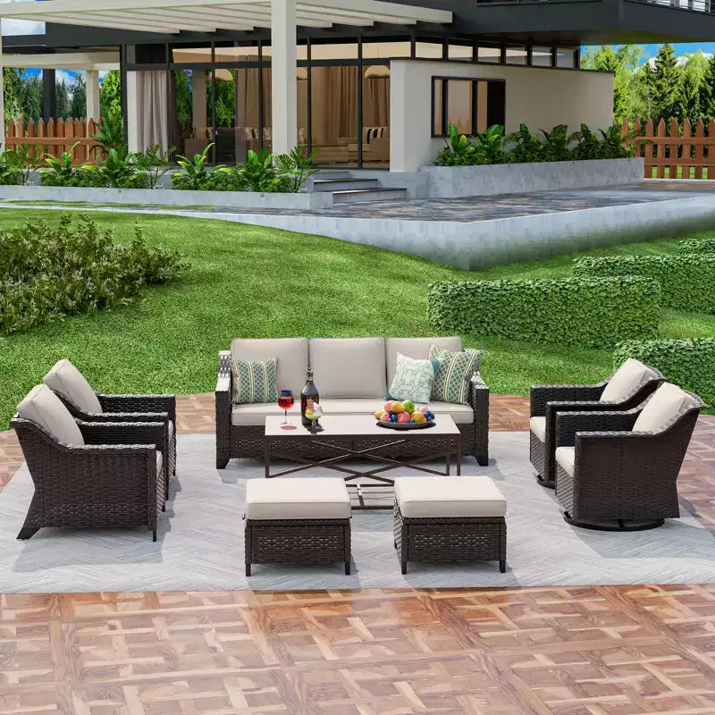 UPTIOT 8-Piece Premium Outdoor Set: 3-Seat Sofa, 2 Single Chairs, 2 Swivel Chairs, 2 Ottomans & Coffee Table