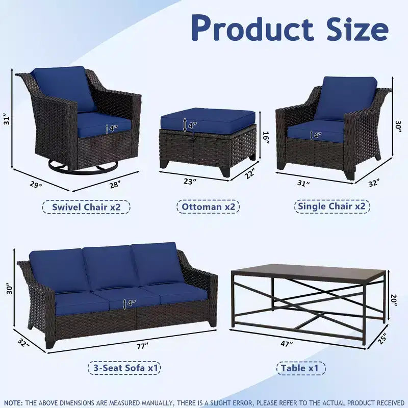 UPTIOT 8-Piece Premium Outdoor Set: 3-Seat Sofa, 2 Single Chairs, 2 Swivel Chairs, 2 Ottomans & Coffee Table