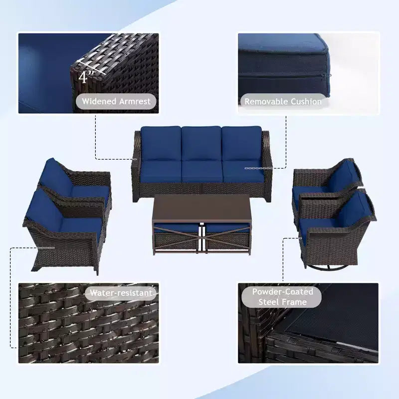 UPTIOT 8-Piece Premium Outdoor Set: 3-Seat Sofa, 2 Single Chairs, 2 Swivel Chairs, 2 Ottomans & Coffee Table