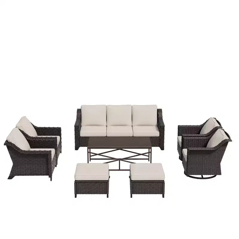 UPTIOT 8-Piece Premium Outdoor Set: 3-Seat Sofa, 2 Single Chairs, 2 Swivel Chairs, 2 Ottomans & Coffee Table