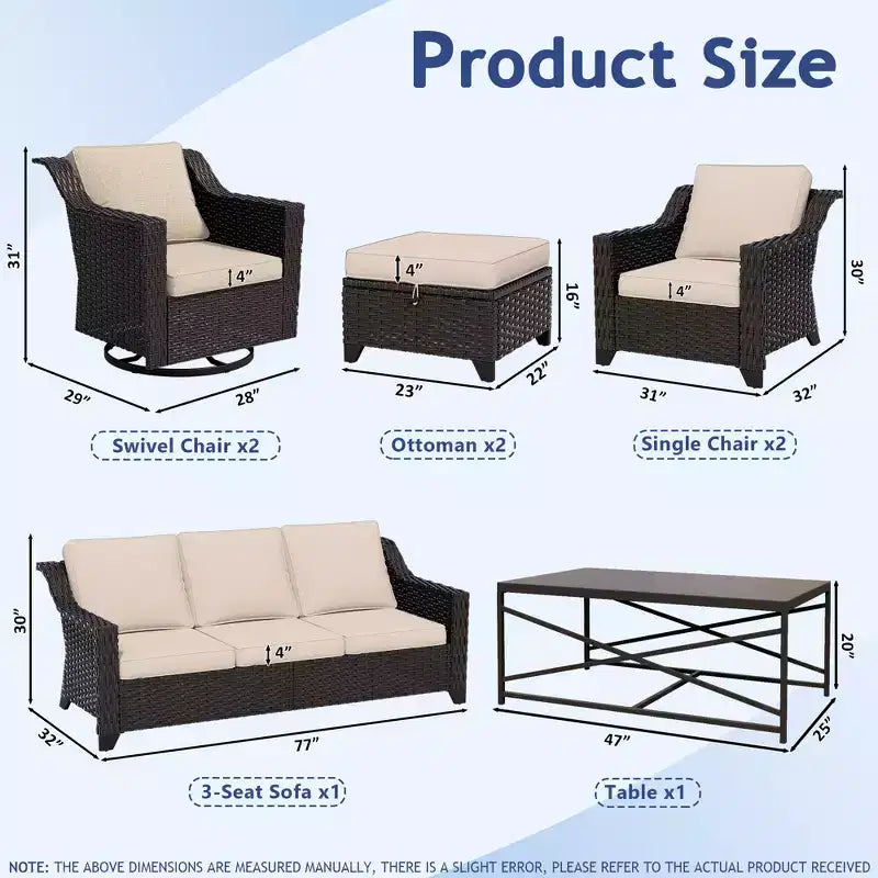 UPTIOT 8-Piece Premium Outdoor Set: 3-Seat Sofa, 2 Single Chairs, 2 Swivel Chairs, 2 Ottomans & Coffee Table