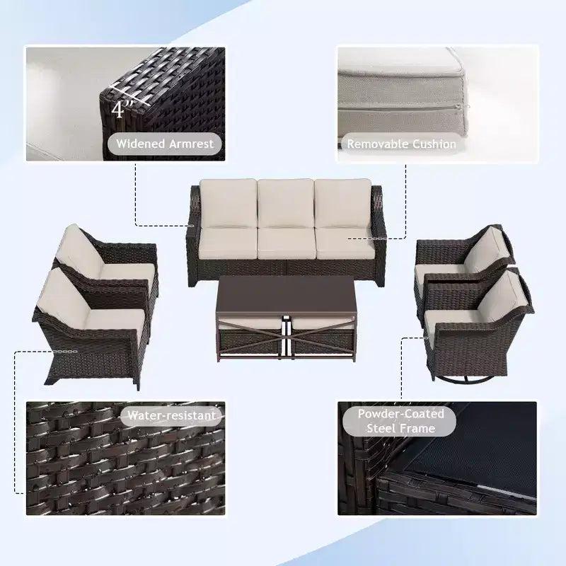 UPTIOT 8-Piece Premium Outdoor Set: 3-Seat Sofa, 2 Single Chairs, 2 Swivel Chairs, 2 Ottomans & Coffee Table