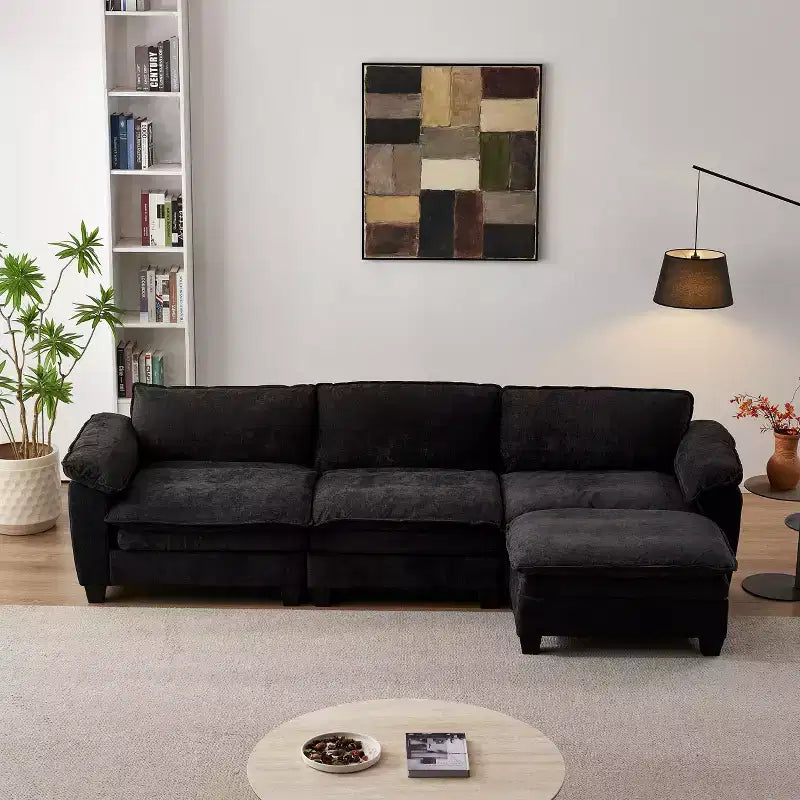 GDFStudio Hui 120.1 Modern 3-Seater L-Shape Chenille Upholstered Sectional Sofa with Ottoman