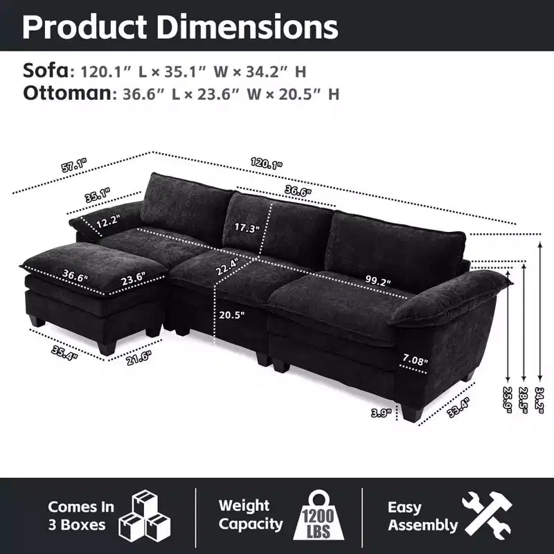 GDFStudio Hui 120.1 Modern 3-Seater L-Shape Chenille Upholstered Sectional Sofa with Ottoman