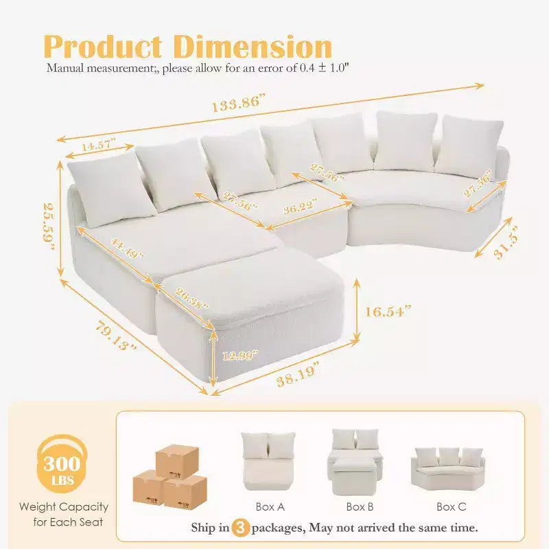 133 Modern Curved Modular Sectional Sofa with Ottoman, 3-Seat Soft Chenille Cloud Sectional Couch for Living Room or Lounge-Panipeachy