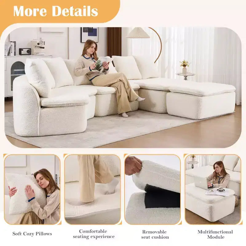 133 Modern Curved Modular Sectional Sofa with Ottoman, 3-Seat Soft Chenille Cloud Sectional Couch for Living Room or Lounge-Panipeachy