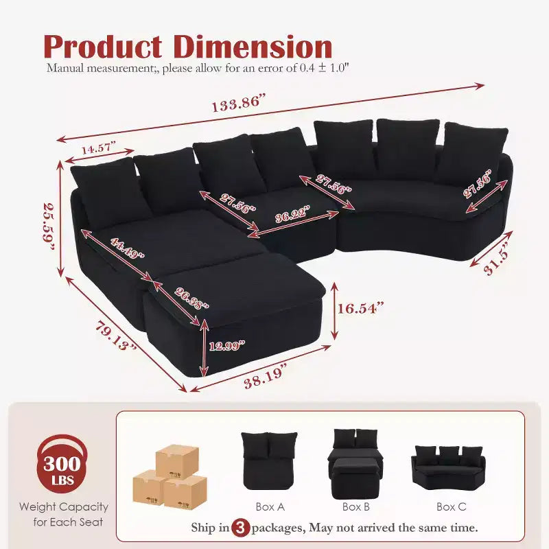 133 Modern Curved Modular Sectional Sofa with Ottoman, 3-Seat Soft Chenille Cloud Sectional Couch for Living Room or Lounge-Panipeachy