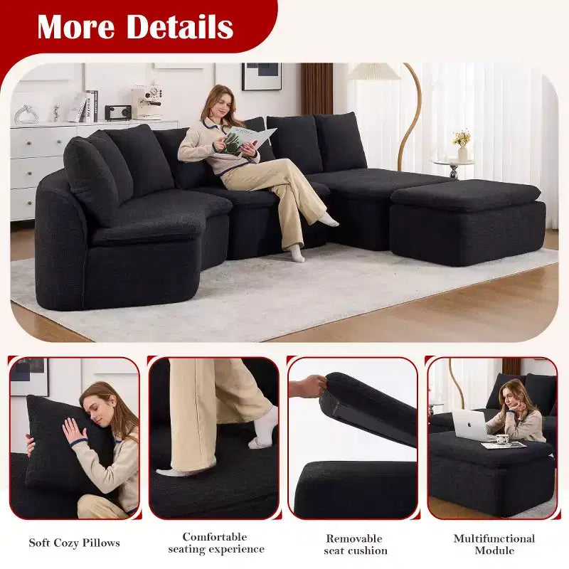 133 Modern Curved Modular Sectional Sofa with Ottoman, 3-Seat Soft Chenille Cloud Sectional Couch for Living Room or Lounge-Panipeachy