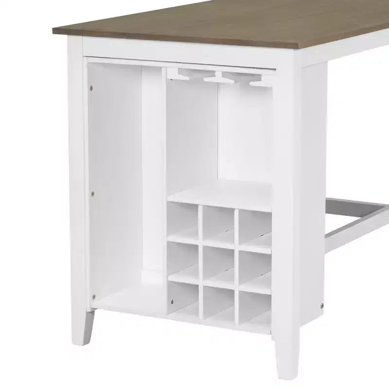 Farmhouse 5 Pieces Counter Height Dining Set with Chairs for 4, Wooden Rectangular Table with Storage Shelves and Bar Wine Compartment