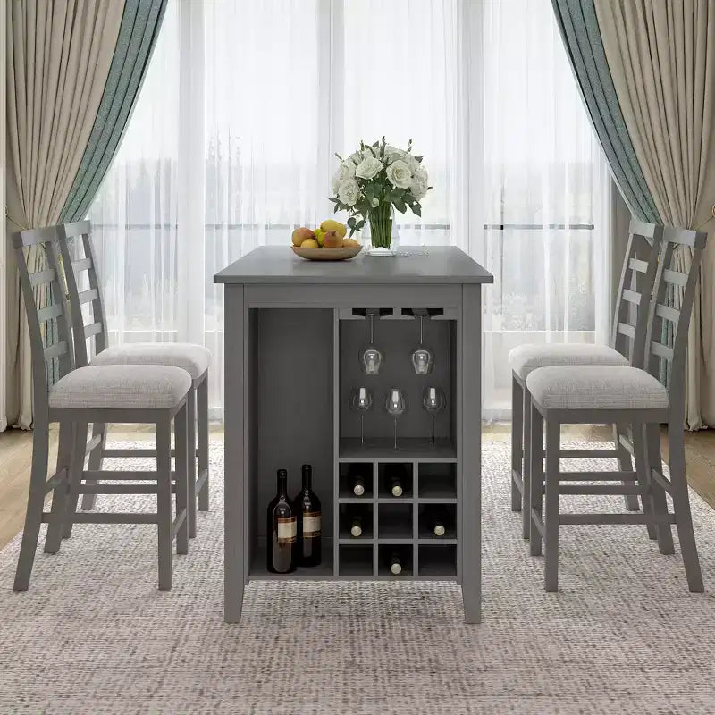 Farmhouse 5 Pieces Counter Height Dining Set with Chairs for 4, Wooden Rectangular Table with Storage Shelves and Bar Wine Compartment