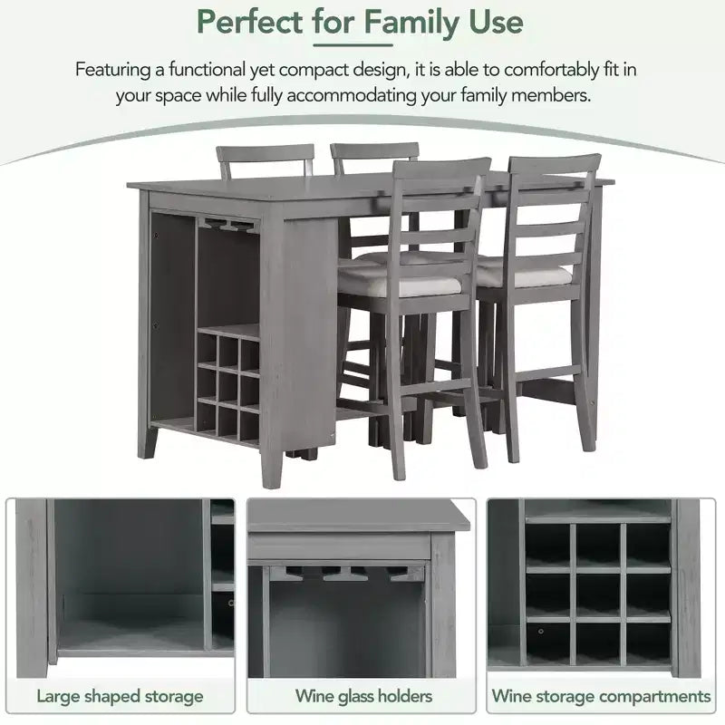 Farmhouse 5 Pieces Counter Height Dining Set with Chairs for 4, Wooden Rectangular Table with Storage Shelves and Bar Wine Compartment