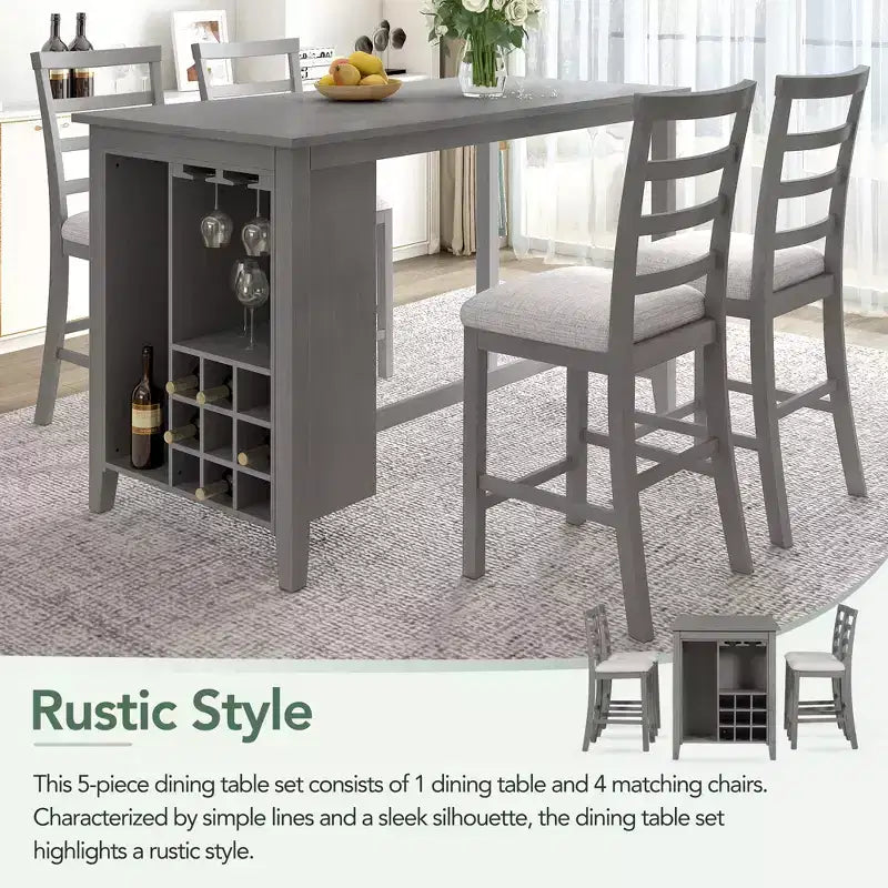 Farmhouse 5 Pieces Counter Height Dining Set with Chairs for 4, Wooden Rectangular Table with Storage Shelves and Bar Wine Compartment