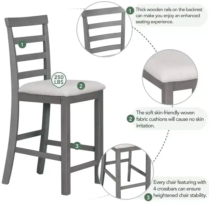 Farmhouse 5 Pieces Counter Height Dining Set with Chairs for 4, Wooden Rectangular Table with Storage Shelves and Bar Wine Compartment