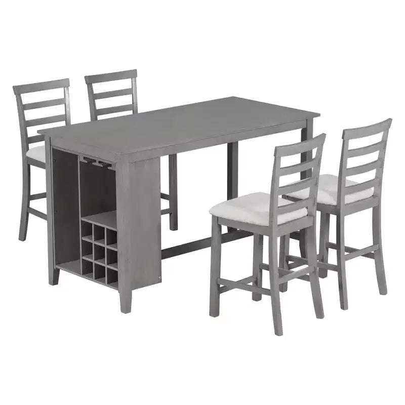 Farmhouse 5 Pieces Counter Height Dining Set with Chairs for 4, Wooden Rectangular Table with Storage Shelves and Bar Wine Compartment