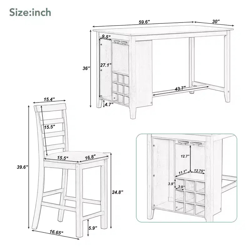 Farmhouse 5 Pieces Counter Height Dining Set with Chairs for 4, Wooden Rectangular Table with Storage Shelves and Bar Wine Compartment