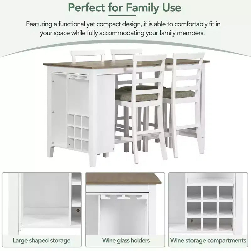 Farmhouse 5 Pieces Counter Height Dining Set with Chairs for 4, Wooden Rectangular Table with Storage Shelves and Bar Wine Compartment