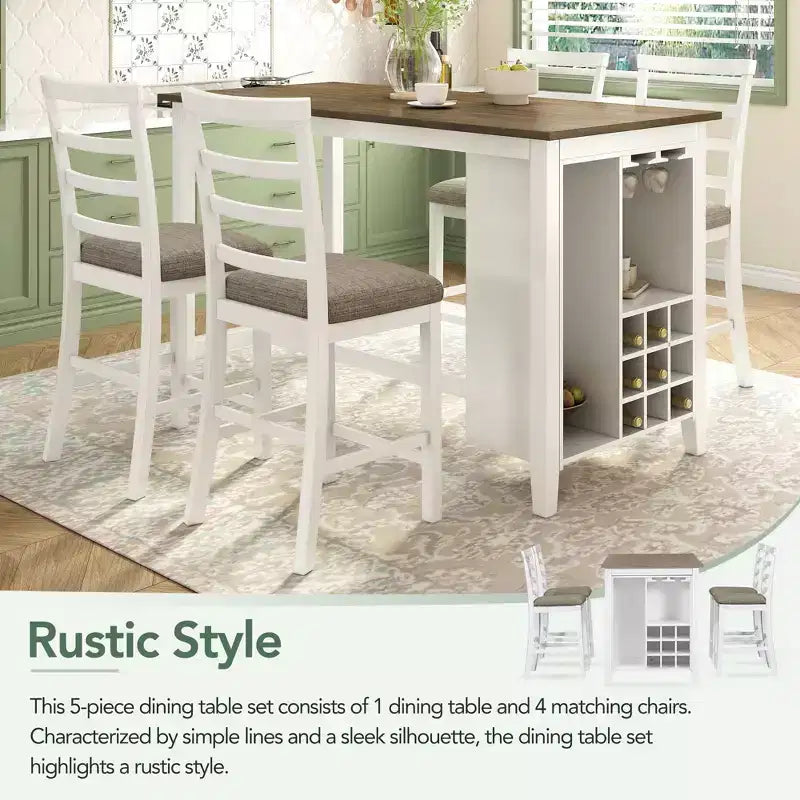 Farmhouse 5 Pieces Counter Height Dining Set with Chairs for 4, Wooden Rectangular Table with Storage Shelves and Bar Wine Compartment