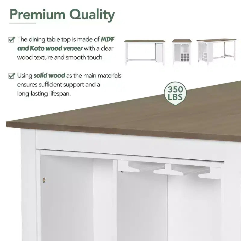 Farmhouse 5 Pieces Counter Height Dining Set with Chairs for 4, Wooden Rectangular Table with Storage Shelves and Bar Wine Compartment