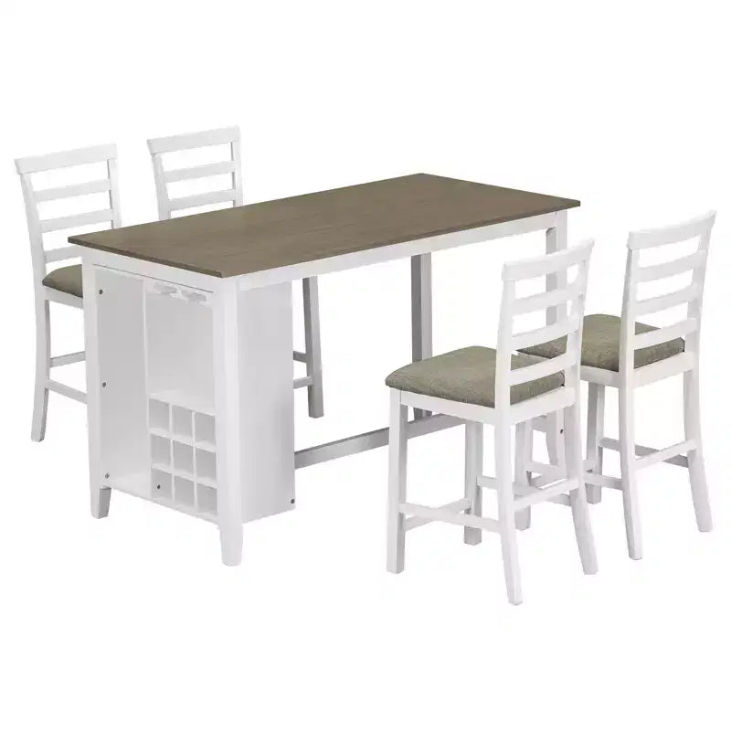 Farmhouse 5 Pieces Counter Height Dining Set with Chairs for 4, Wooden Rectangular Table with Storage Shelves and Bar Wine Compartment