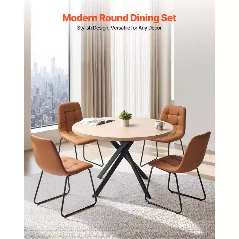 VEVOR 5-Piece Dining Table Set, Space-Saving Round Kitchen Table with 4 Upholstered Orange Chairs, PU Leather Cushions, Modern Wood-Tone Desk,Brown