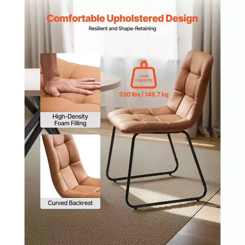 VEVOR 5-Piece Dining Table Set, Space-Saving Round Kitchen Table with 4 Upholstered Orange Chairs, PU Leather Cushions, Modern Wood-Tone Desk,Brown