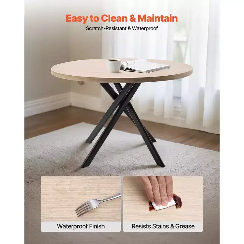 VEVOR 5-Piece Dining Table Set, Space-Saving Round Kitchen Table with 4 Upholstered Orange Chairs, PU Leather Cushions, Modern Wood-Tone Desk,Brown